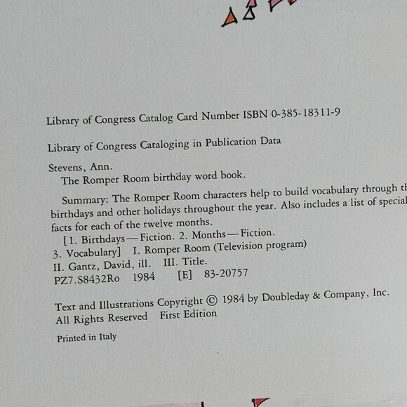 The Romper Room Birthday Word Book, Ann Stevens, David Gantz, 1st Printing, 1984 - Picture 3 of 3